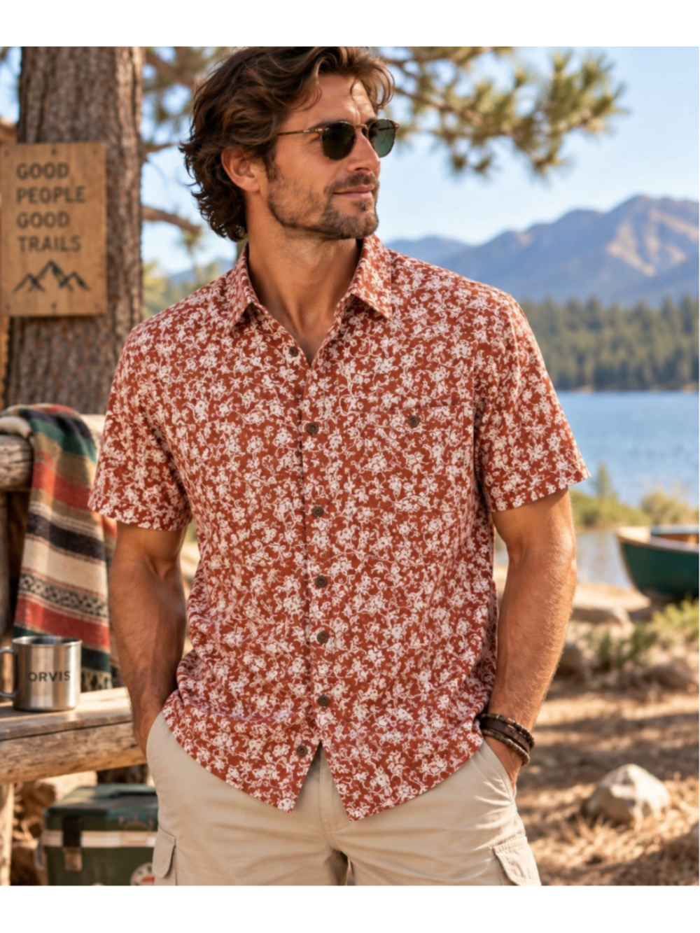 Orvis Hemp Blend Shirt Mens Large Classic Fit Rust Floral Short Sleeve